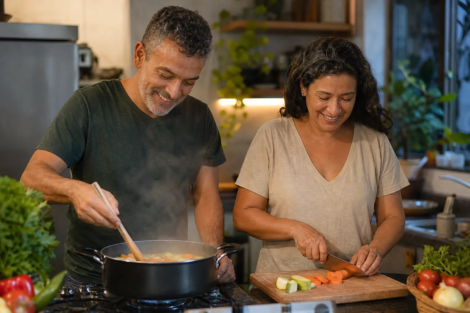 Casal cozinhando juntos uma sopa de legumes em casa