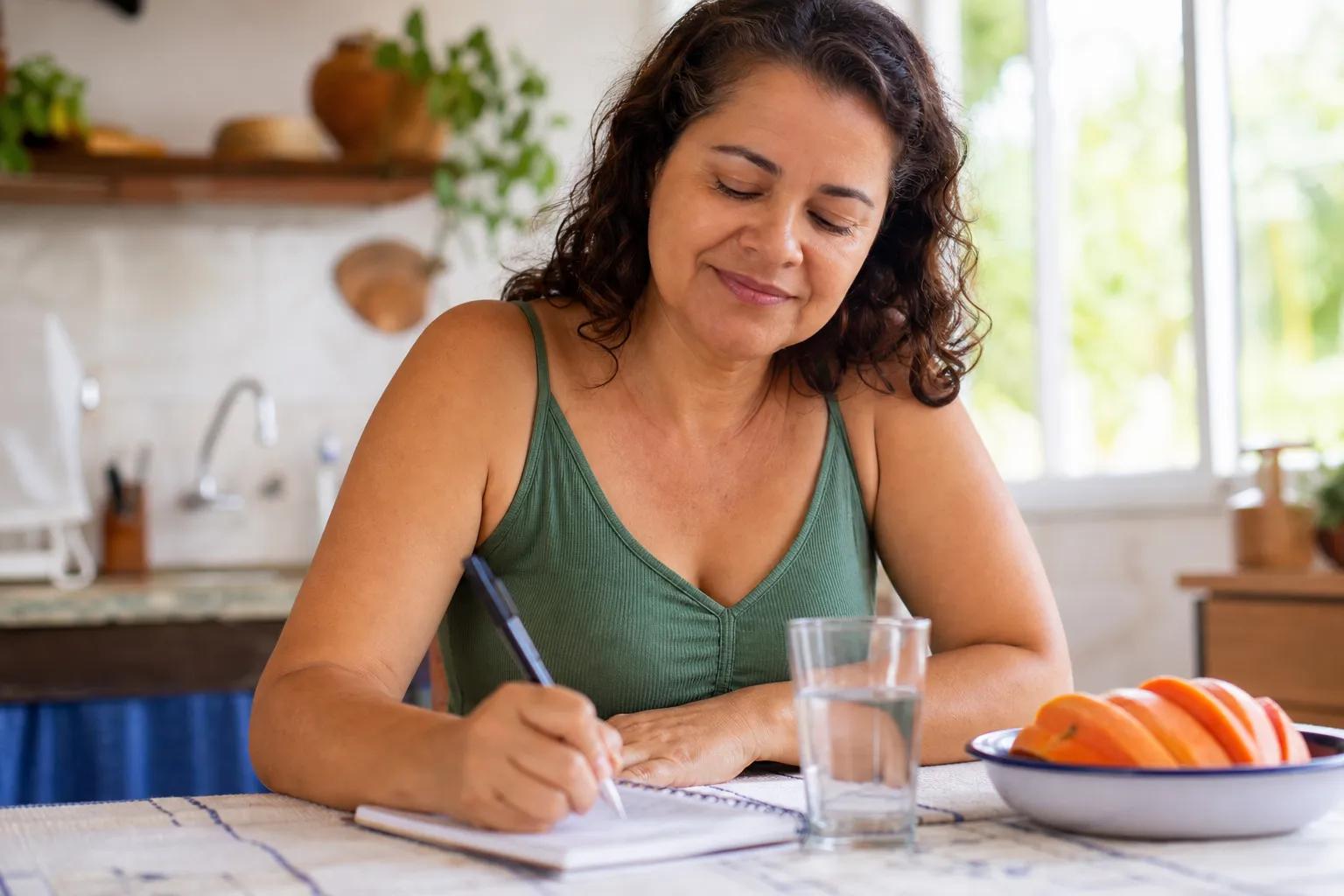 Mulher anotando o dia num caderno na mesa da cozinha, ao lado de água e mamão
