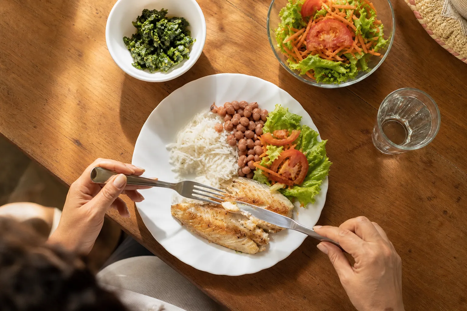 Prato de almoço brasileiro com arroz, feijão, peixe grelhado e salada colorida