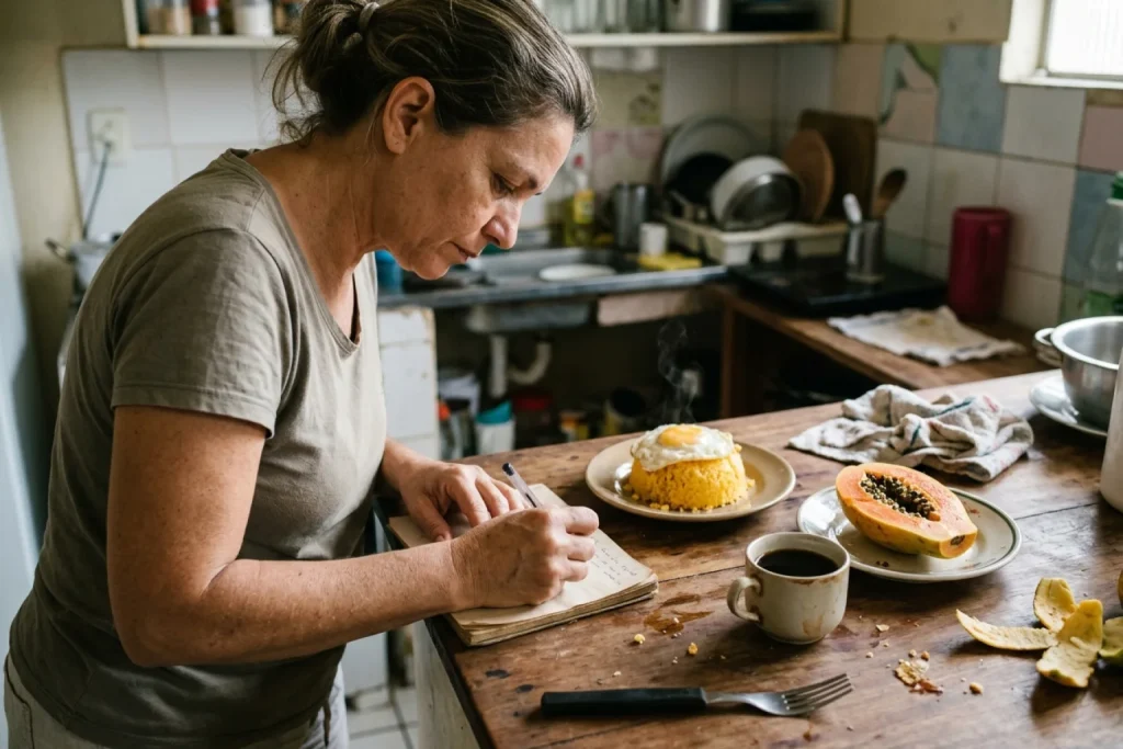 Mulher anota em um caderno ao lado de um café da manhã com cuscuz, ovo, café e mamão na cozinha de casa