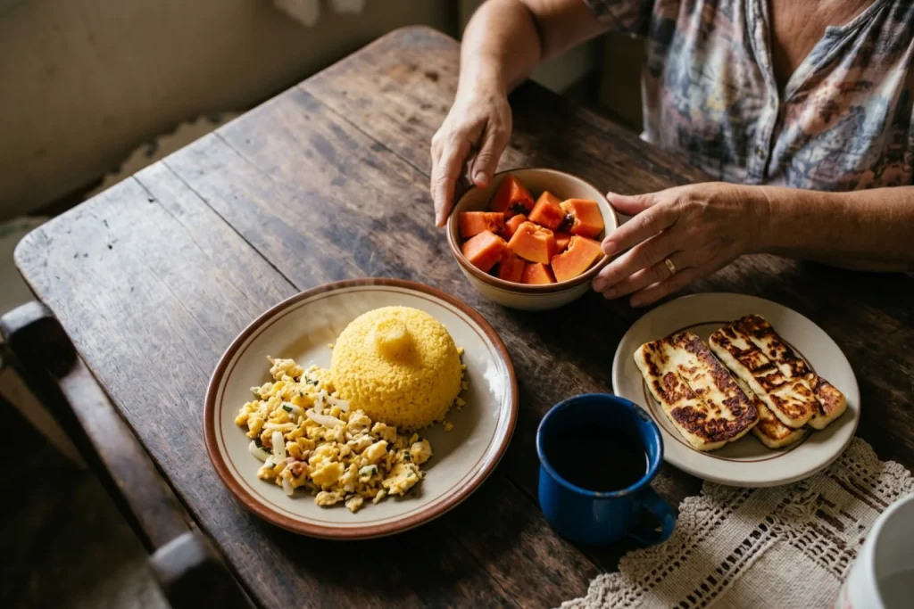Mesa de café da manhã com cuscuz de milho, ovo mexido, queijo coalho grelhado, mamão e uma xícara de café