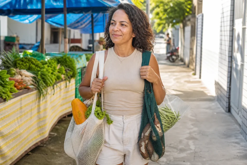 Mulher brasileira caminhando com sacolas de feira com frutas, verduras, feijão e macaxeira.