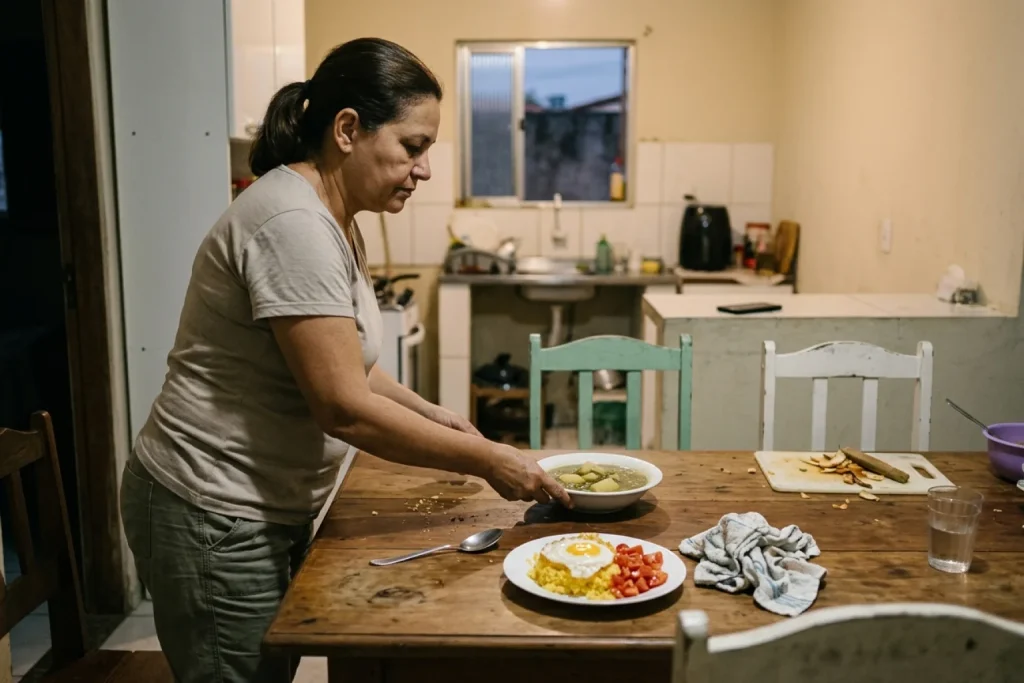Mulher serve sopa de feijão verde com macaxeira e cuscuz com ovo em jantar na cozinha de casa, ao anoitecer