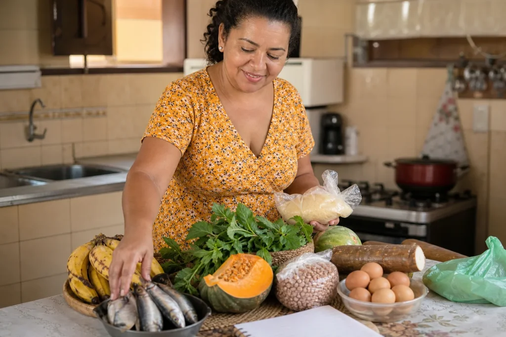 Mulher organiza lista de compras saudável com feijão, cuscuz, macaxeira, ovos, frutas e verduras na cozinha