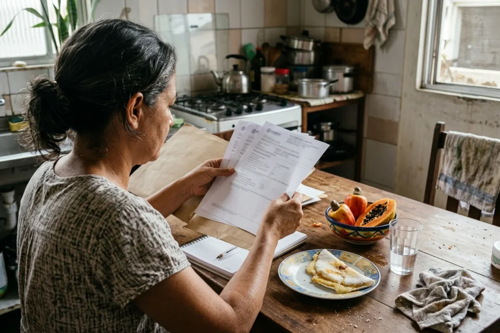 Mulher organiza resultados de exames de sangue em uma pasta na mesa da cozinha, ao lado de tapioca e frutas