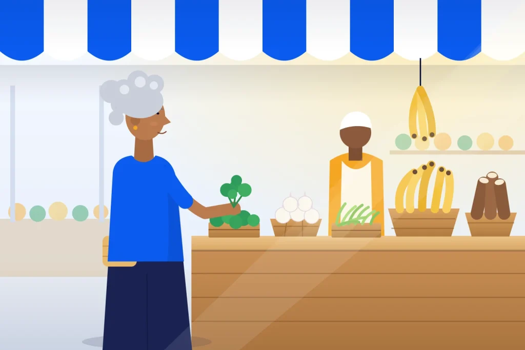 Mulher escolhe coentro, alho e feijão verde em uma feira livre, com bananas e macaxeira ao lado